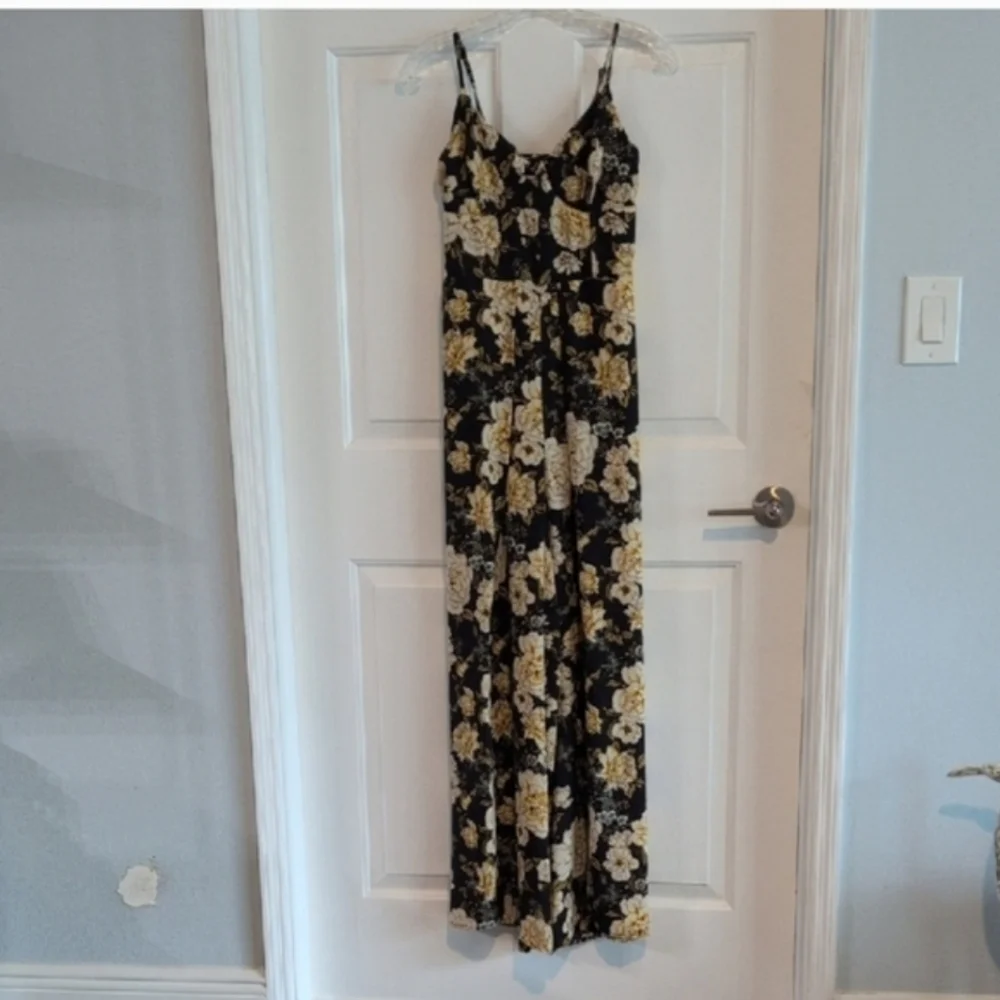 NWT Spring Navy Blue Jumpsuit with Yellow-Gold Floral print Slit - Picture 9 of 14
